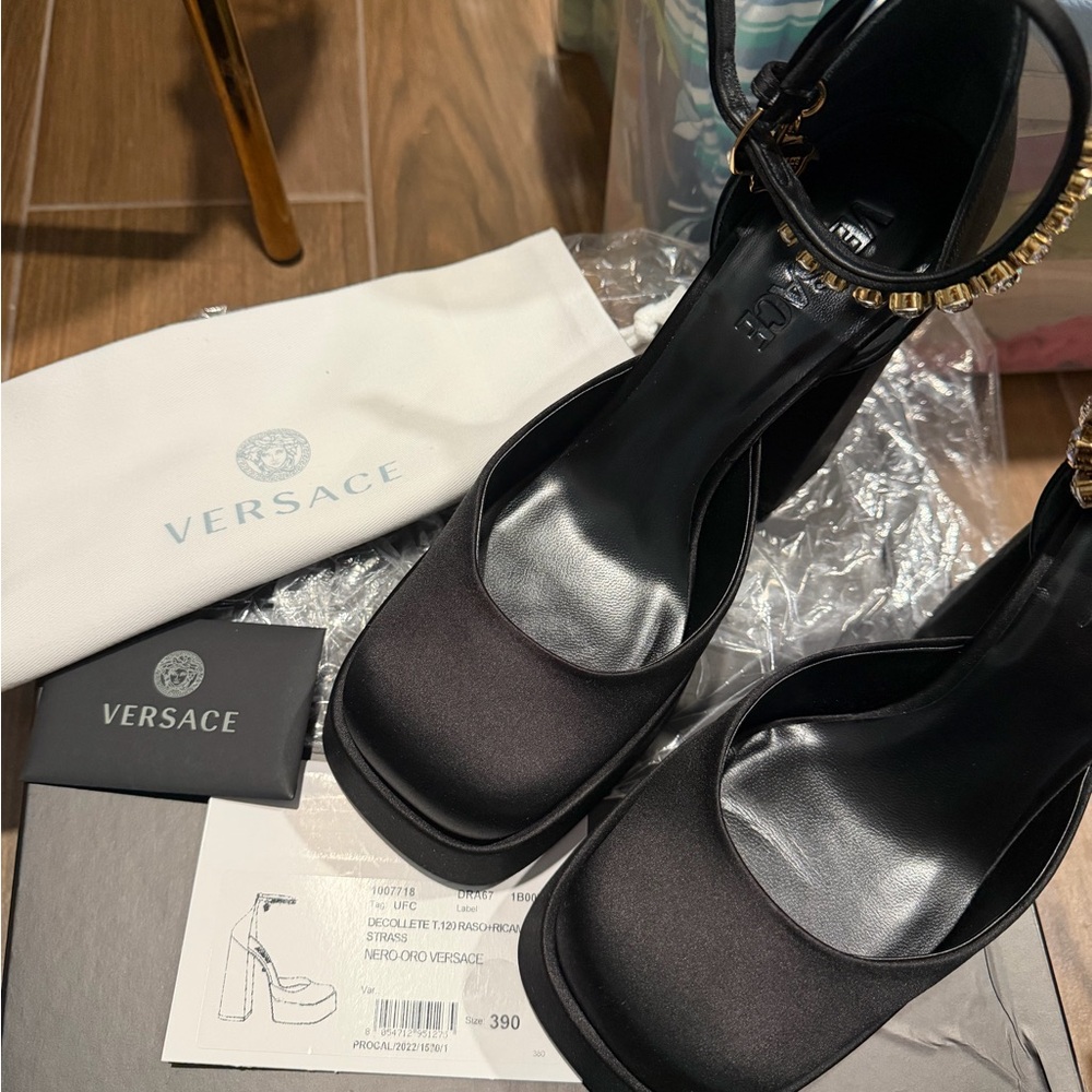 Versace Black Satin Platform Ankle-Strap Heels with Gold Accent